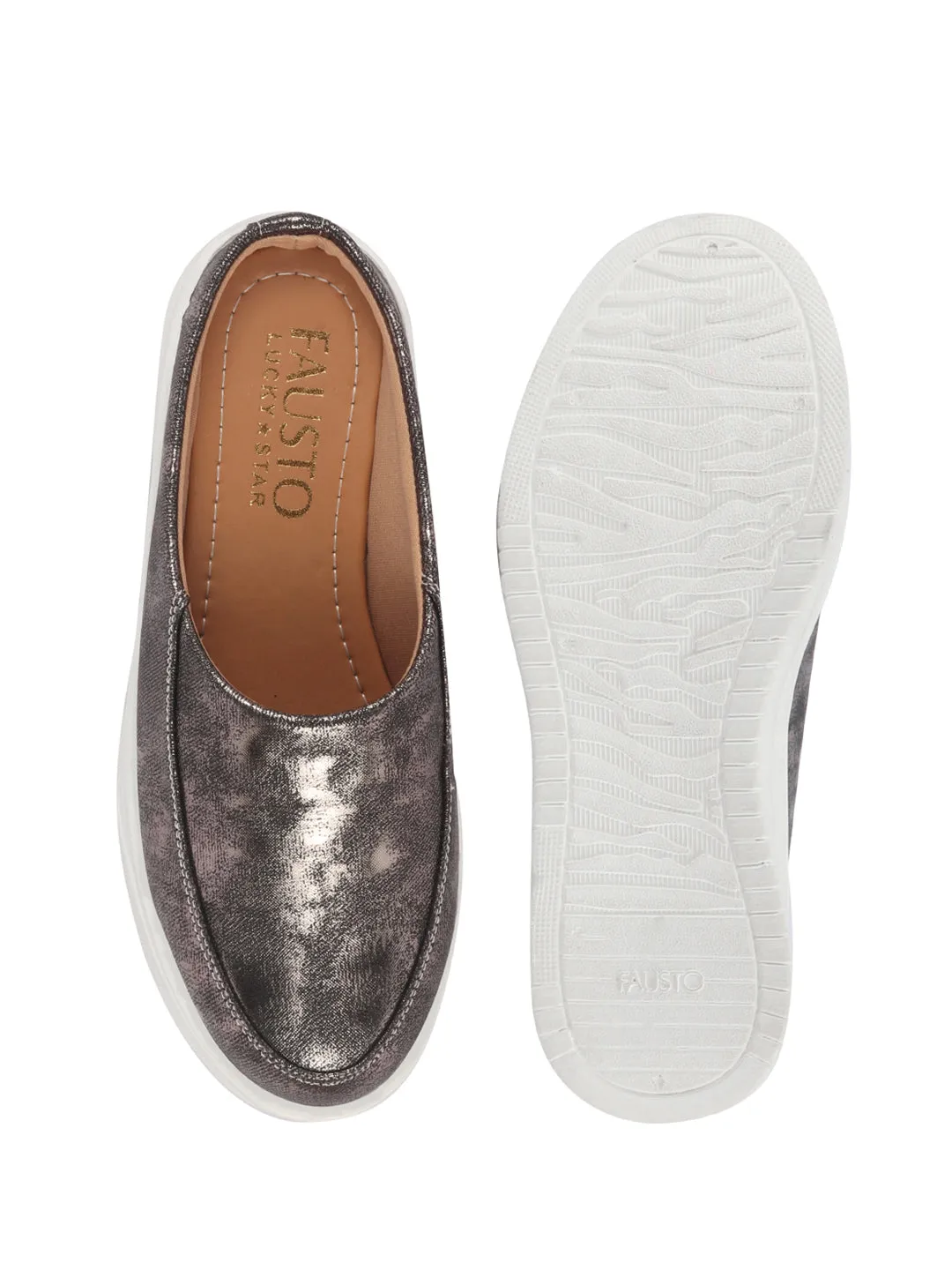 Women Metal Classic Back Open Casual Platform Shoes | Metallic Slip-On Mule Sneakers For Party | Lightweight Comfortable Sneakers