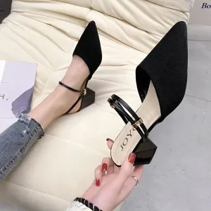 Women Mules Shoes 2024 Summer New Pointed Toe Chunky Heels Ladies Slippers Fashion Plus Size Dress Party Mid Heel Shoes Women