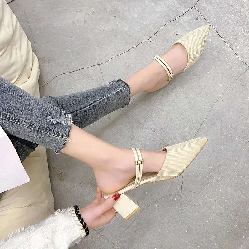 Women Mules Shoes 2024 Summer New Pointed Toe Chunky Heels Ladies Slippers Fashion Plus Size Dress Party Mid Heel Shoes Women