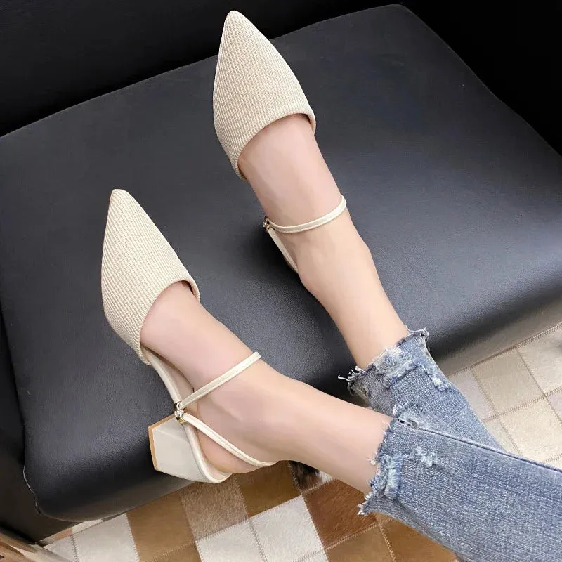 Women Mules Shoes 2024 Summer New Pointed Toe Chunky Heels Ladies Slippers Fashion Plus Size Dress Party Mid Heel Shoes Women