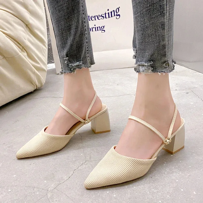 Women Mules Shoes 2024 Summer New Pointed Toe Chunky Heels Ladies Slippers Fashion Plus Size Dress Party Mid Heel Shoes Women
