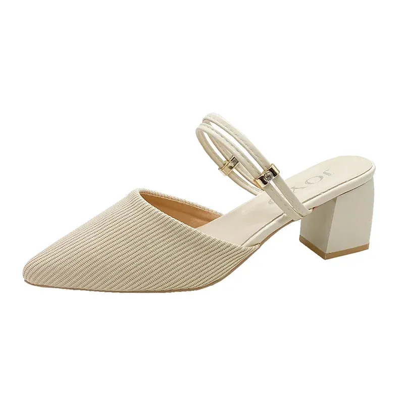 Women Mules Shoes 2024 Summer New Pointed Toe Chunky Heels Ladies Slippers Fashion Plus Size Dress Party Mid Heel Shoes Women
