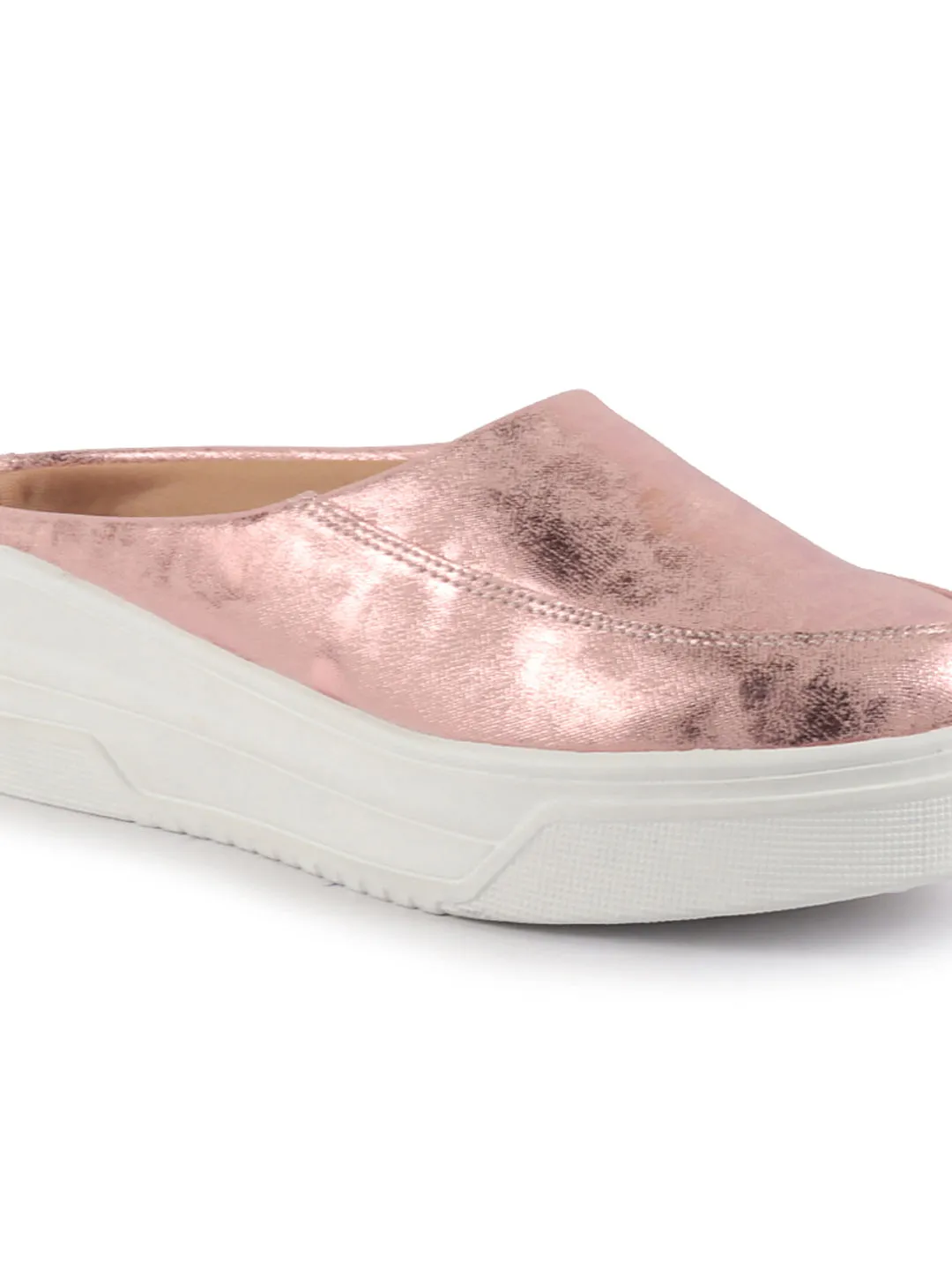 Women Pink Classic Back Open Casual Platform Shoes | Metallic Slip-On Mule Sneakers For Party | Lightweight Comfortable Sneakers