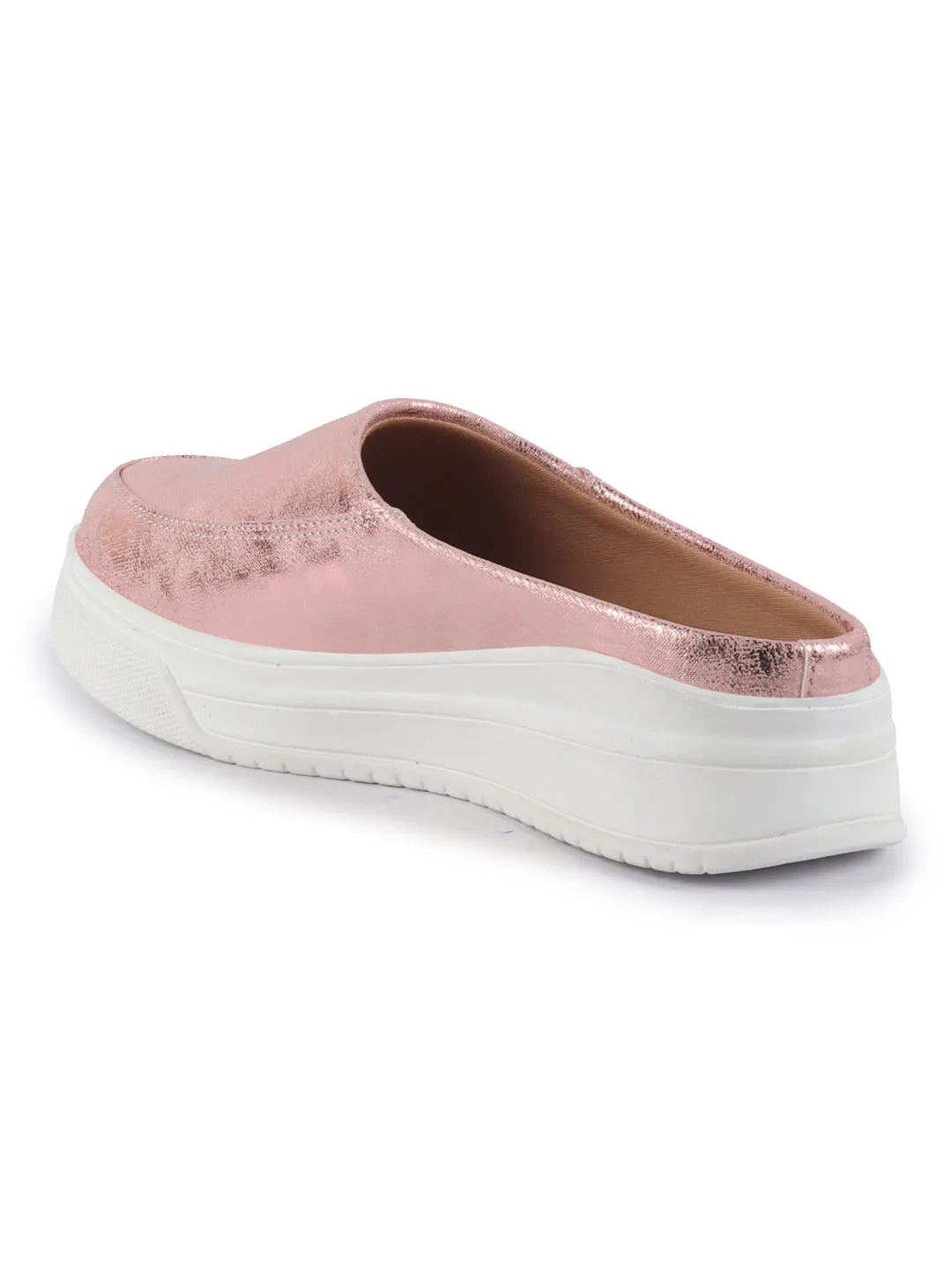 Women Pink Classic Back Open Casual Platform Shoes | Metallic Slip-On Mule Sneakers For Party | Lightweight Comfortable Sneakers