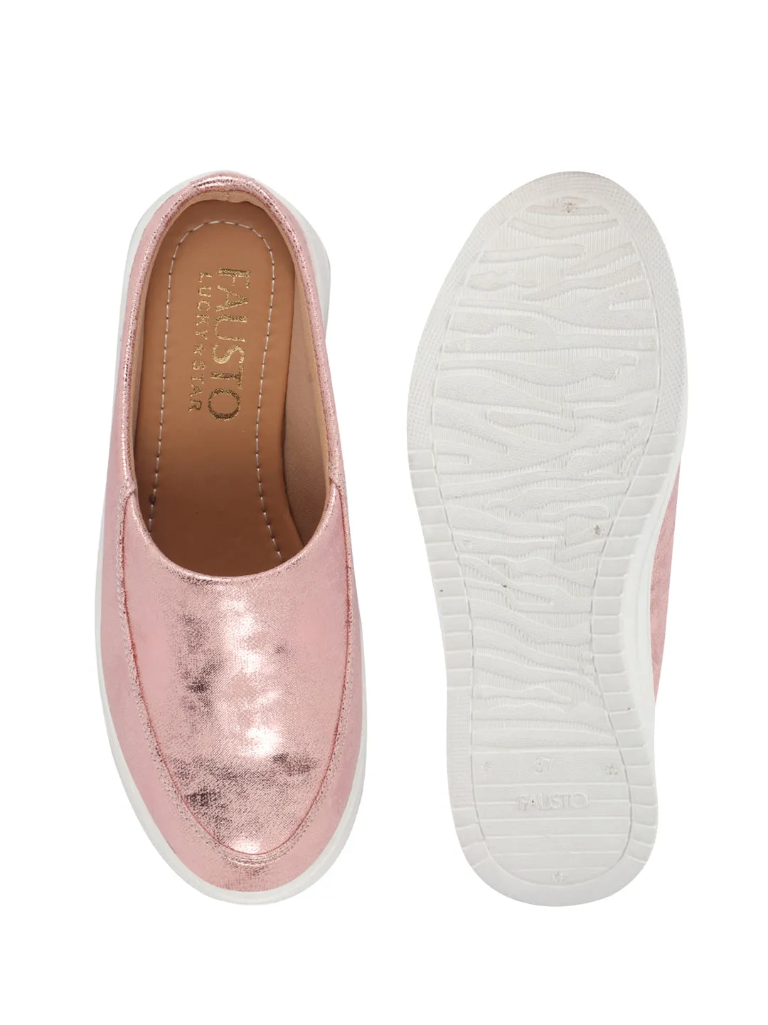Women Pink Classic Back Open Casual Platform Shoes | Metallic Slip-On Mule Sneakers For Party | Lightweight Comfortable Sneakers