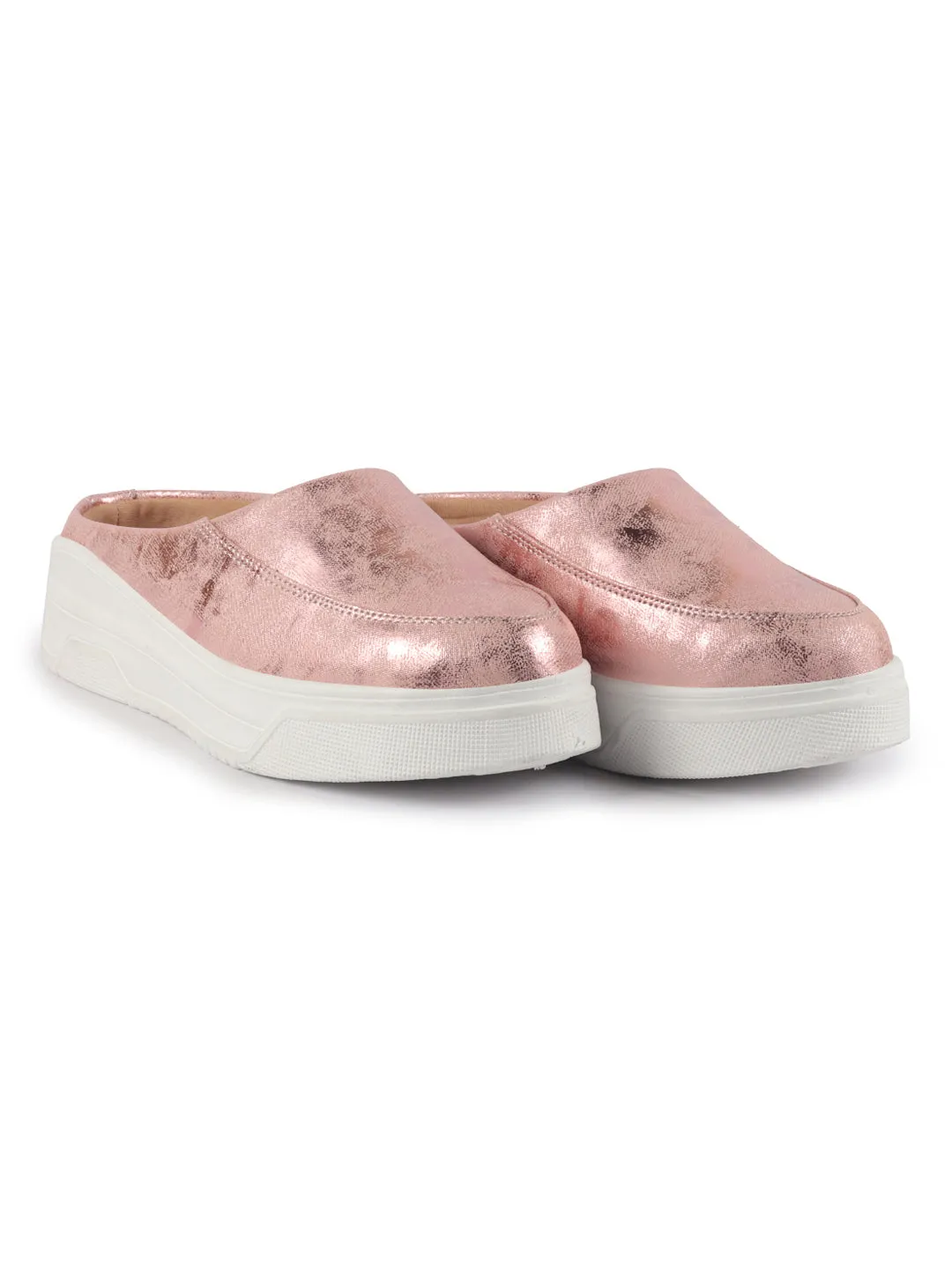 Women Pink Classic Back Open Casual Platform Shoes | Metallic Slip-On Mule Sneakers For Party | Lightweight Comfortable Sneakers