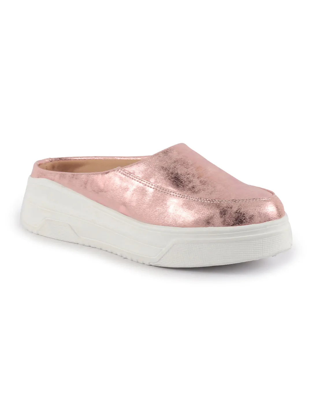 Women Pink Classic Back Open Casual Platform Shoes | Metallic Slip-On Mule Sneakers For Party | Lightweight Comfortable Sneakers