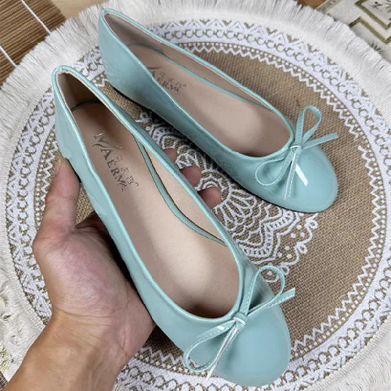 Women Round Toe Ballet Flats Spongy Bottom  Hot New 2024 Italian Shoes Patent Leather Classic Bow-Knot Dressing Slip-On 34 48 47