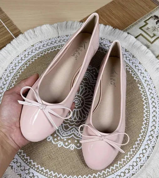 Women Round Toe Ballet Flats Spongy Bottom  Hot New 2024 Italian Shoes Patent Leather Classic Bow-Knot Dressing Slip-On 34 48 47