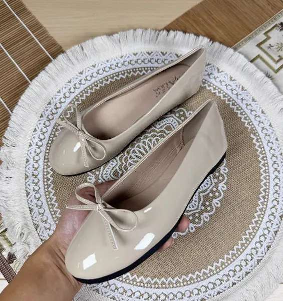 Women Round Toe Ballet Flats Spongy Bottom  Hot New 2024 Italian Shoes Patent Leather Classic Bow-Knot Dressing Slip-On 34 48 47