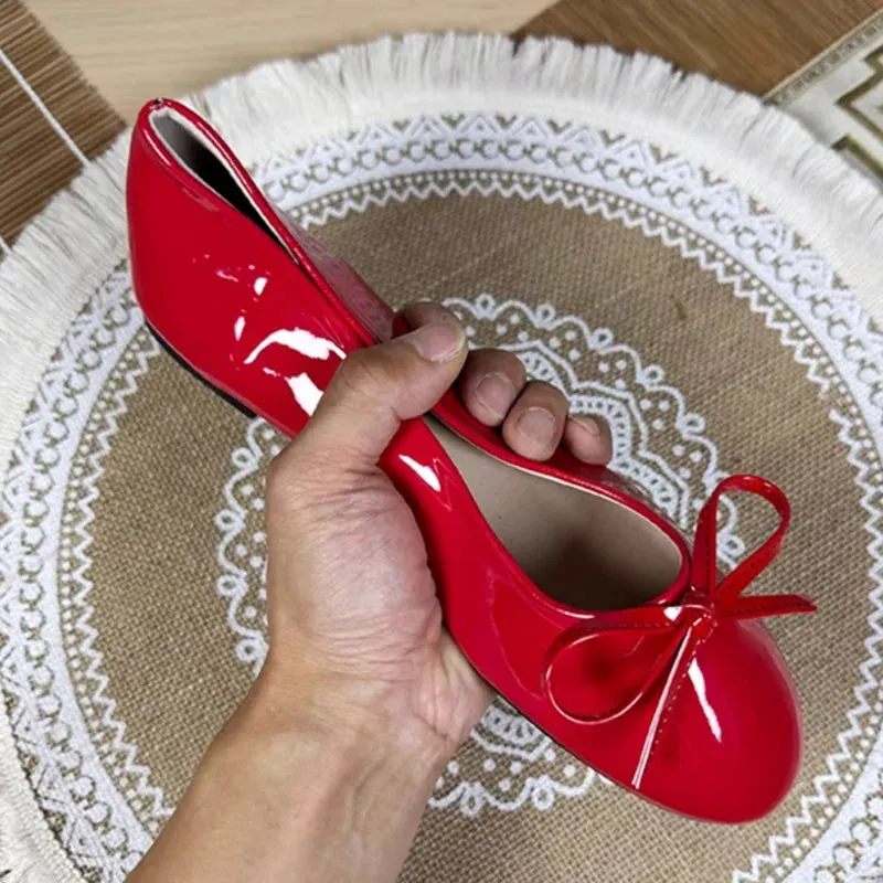 Women Round Toe Ballet Flats Spongy Bottom  Hot New 2024 Italian Shoes Patent Leather Classic Bow-Knot Dressing Slip-On 34 48 47