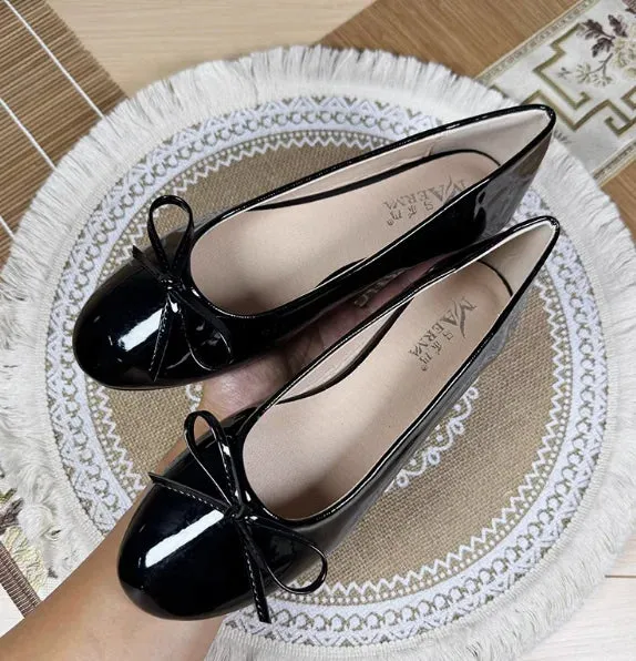 Women Round Toe Ballet Flats Spongy Bottom  Hot New 2024 Italian Shoes Patent Leather Classic Bow-Knot Dressing Slip-On 34 48 47
