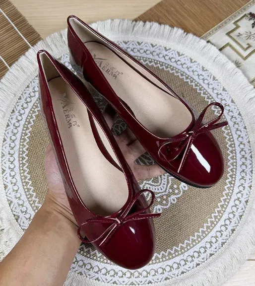Women Round Toe Ballet Flats Spongy Bottom  Hot New 2024 Italian Shoes Patent Leather Classic Bow-Knot Dressing Slip-On 34 48 47