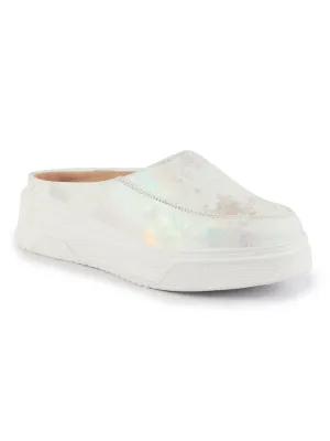 Women Silver Classic Back Open Casual Platform Shoes | Metallic Slip-On Mule Sneakers For Party | Lightweight Comfortable Sneakers