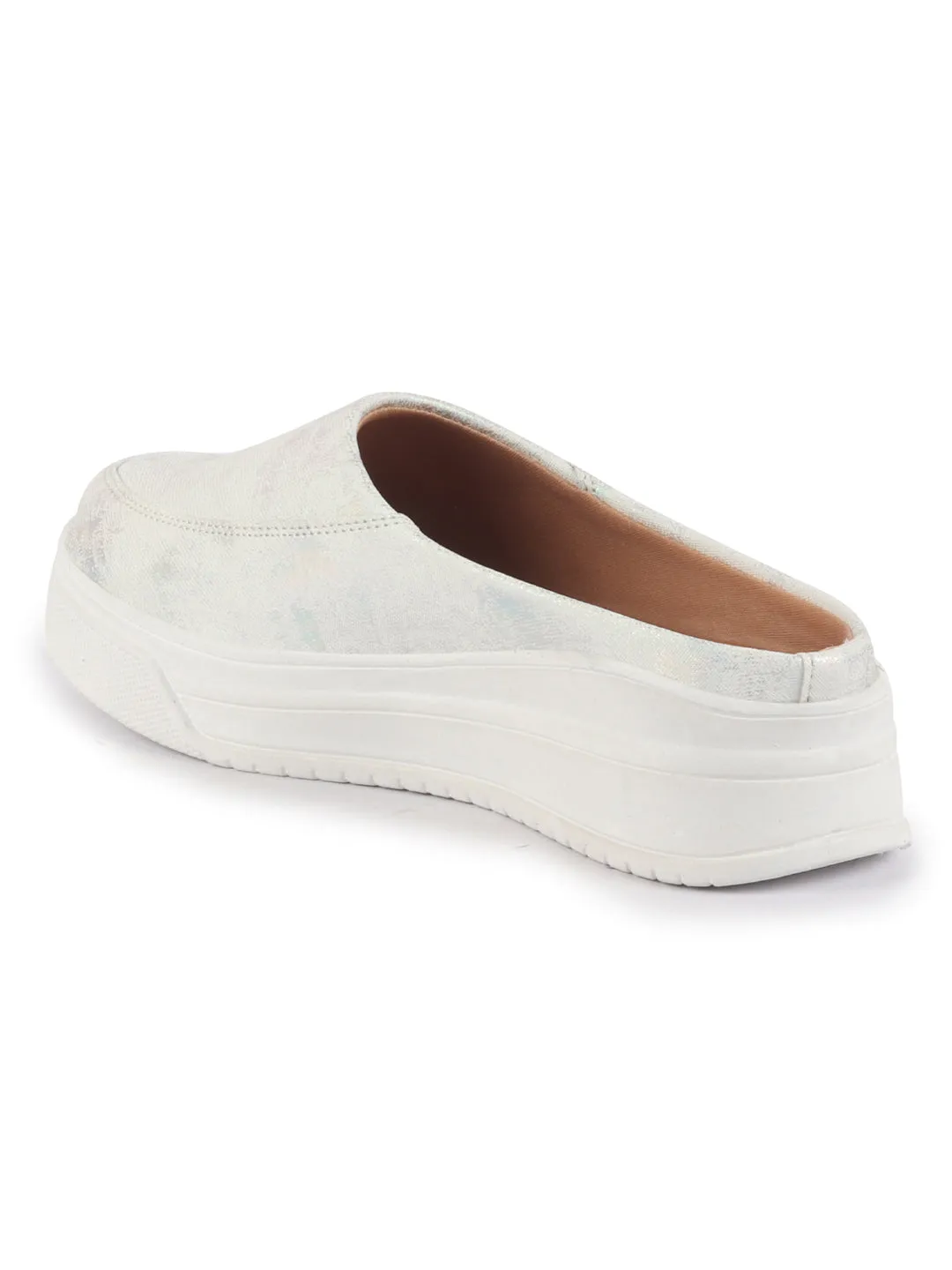Women Silver Classic Back Open Casual Platform Shoes | Metallic Slip-On Mule Sneakers For Party | Lightweight Comfortable Sneakers