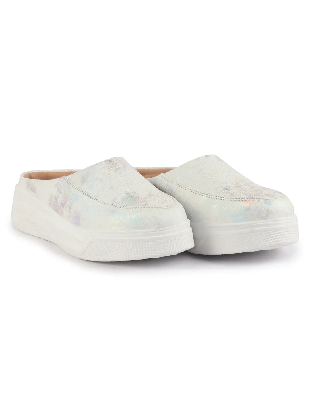 Women Silver Classic Back Open Casual Platform Shoes | Metallic Slip-On Mule Sneakers For Party | Lightweight Comfortable Sneakers