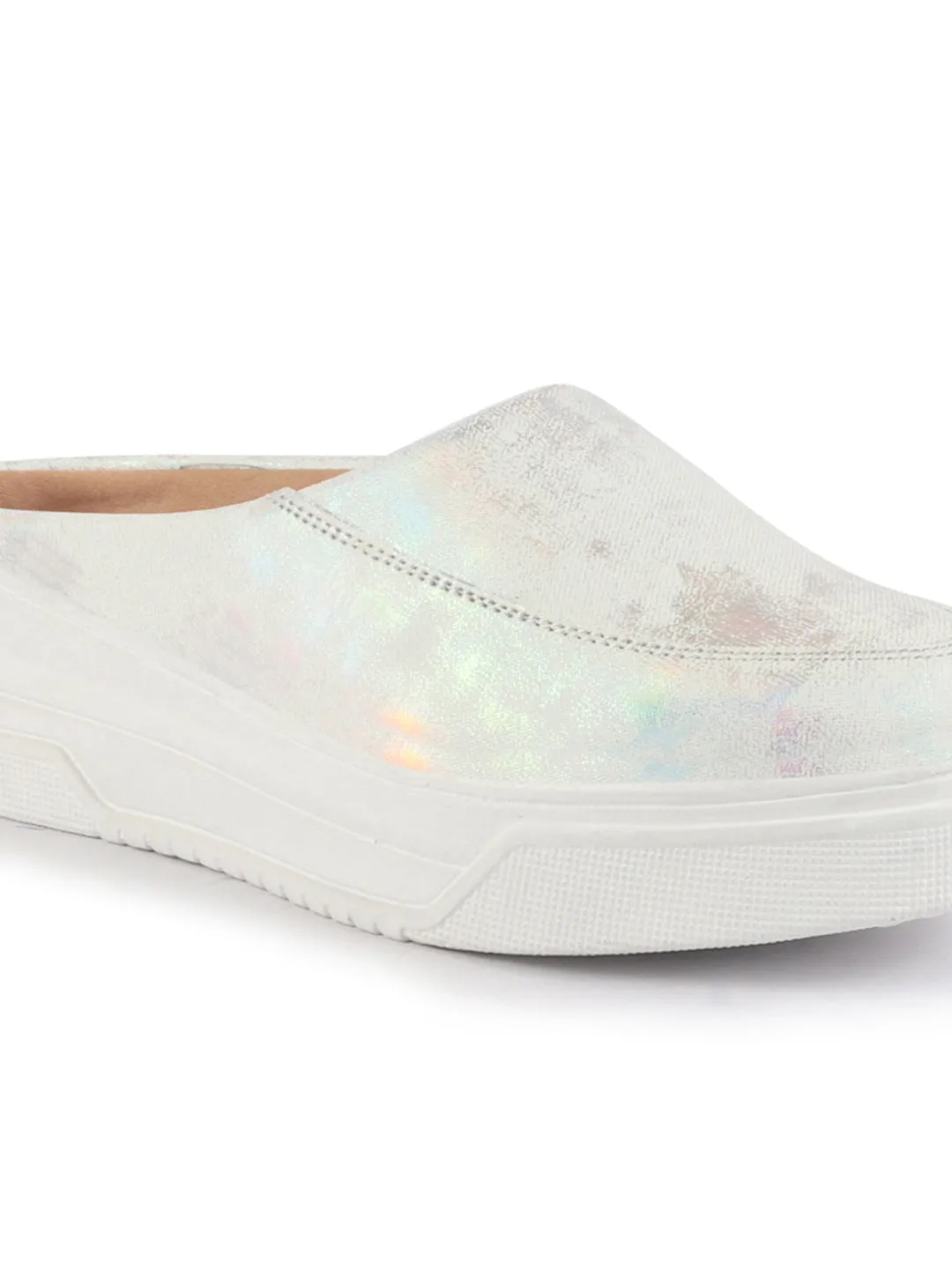 Women Silver Classic Back Open Casual Platform Shoes | Metallic Slip-On Mule Sneakers For Party | Lightweight Comfortable Sneakers