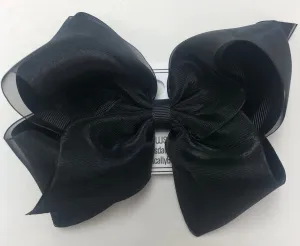 XLarge Grosgrain with Sheer Overlay Hair Bow on Clippie - Black