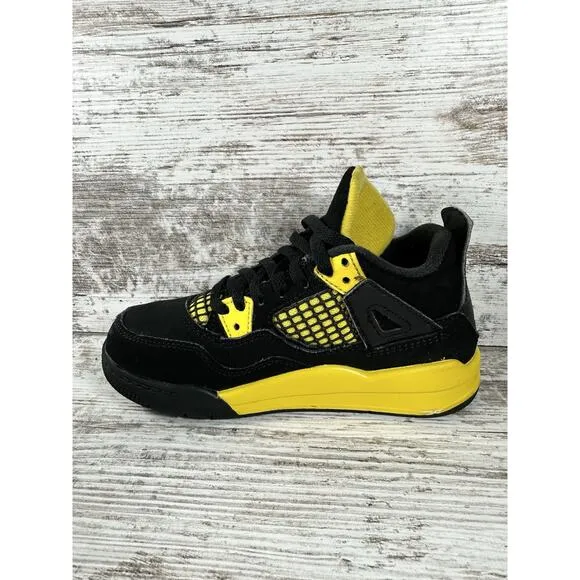 Youth Nike Air Jordan 4 Retro Thunder Black/Yellow Sneakers Sz 11.5C